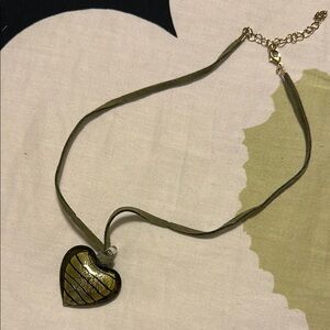 Green Heart Pendant Necklace with Textured Design and Dark Green Cord
